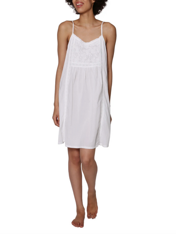 Sleeveless White Cotton Chemise with Embroidered Bib