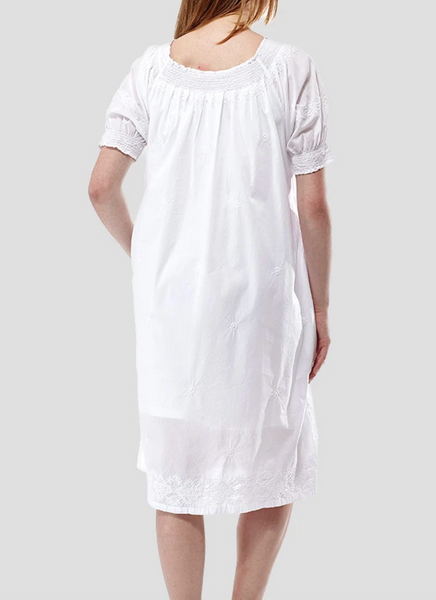 Smock-Necked White Cotton Embroidered Chemise