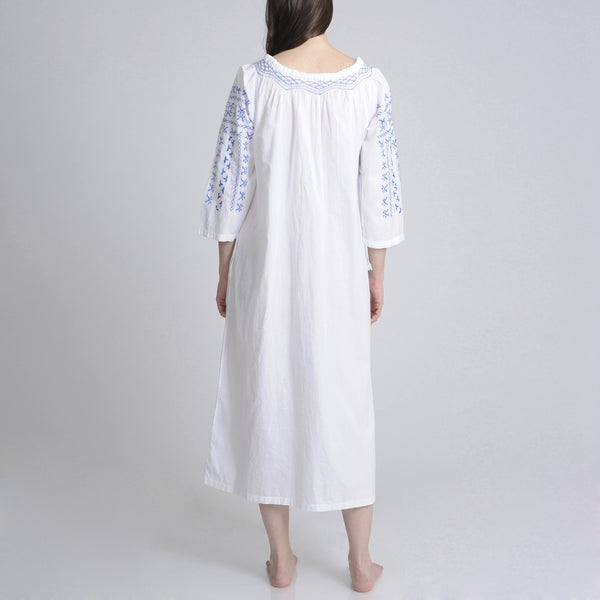 White Smock-Necked Midi Nightgown with Embroidery