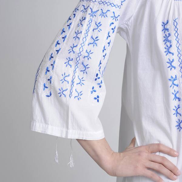 White Smock-Necked Midi Nightgown with Embroidery