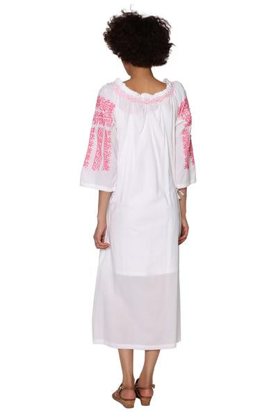 White Smock-Necked Midi Nightgown with Embroidery