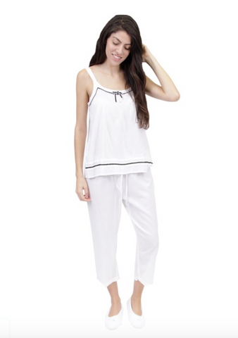 White Cotton Camisole Pajama Set with Capri Pants