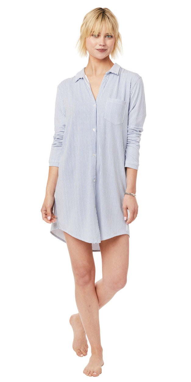 Long-Sleeve Cotton Knit Night Shirt - Blue Simple Stripe