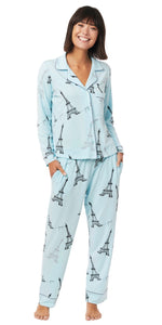 Long Sleeve Classic Knit Pajama Set - Tiffany Blue Eiffel Tower Print