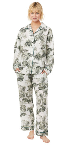 Long Sleeve Classic Pajama Set - Tiger Toile Print Forest Green
