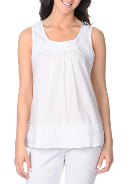 Fitted White Sleeveless Embroidered Top