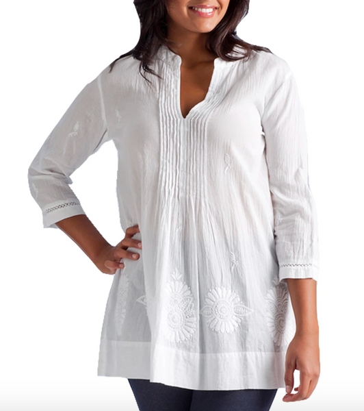 Floral Embroidered White Cotton Pleated Top