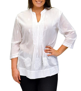 Floral Embroidered White Cotton Pleated Top