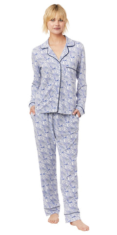 Long Sleeve Classic Knit Pajama Set - Blue Peacock Print