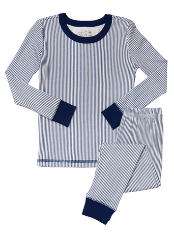 Kids Long-Sleeve Knit Pajama Set - Simple Blue Stripe