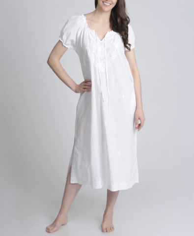Embroidered Cotton Puff Sleeve Long Nightgown