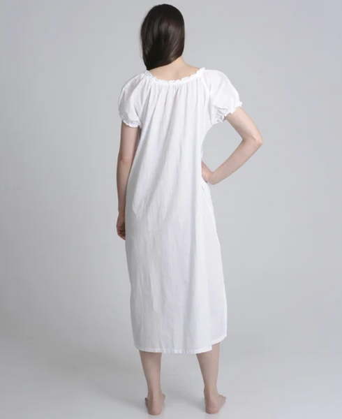Embroidered Cotton Puff Sleeve Long Nightgown